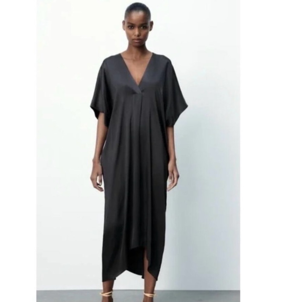 Zara Dress Womens X Large Grey Satin Effect V Neck Midi Shift Tunic
